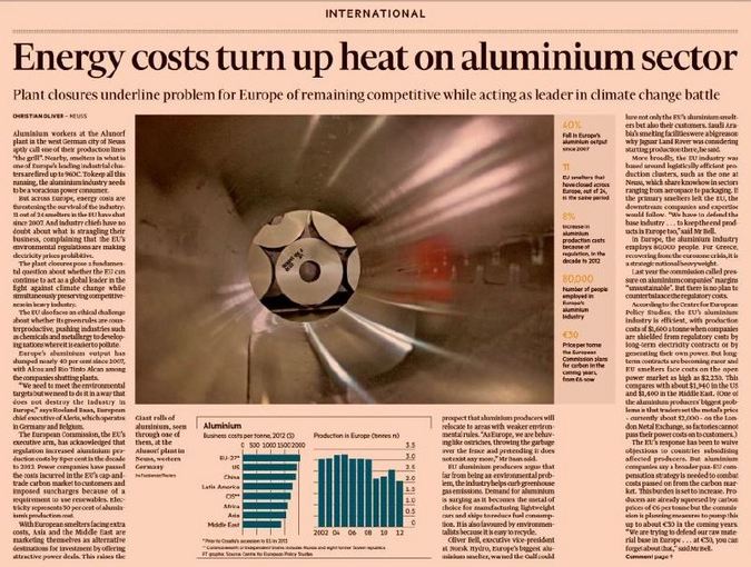 Foto News - Financial Times - La competitivit dell'industria europea dell'alluminio